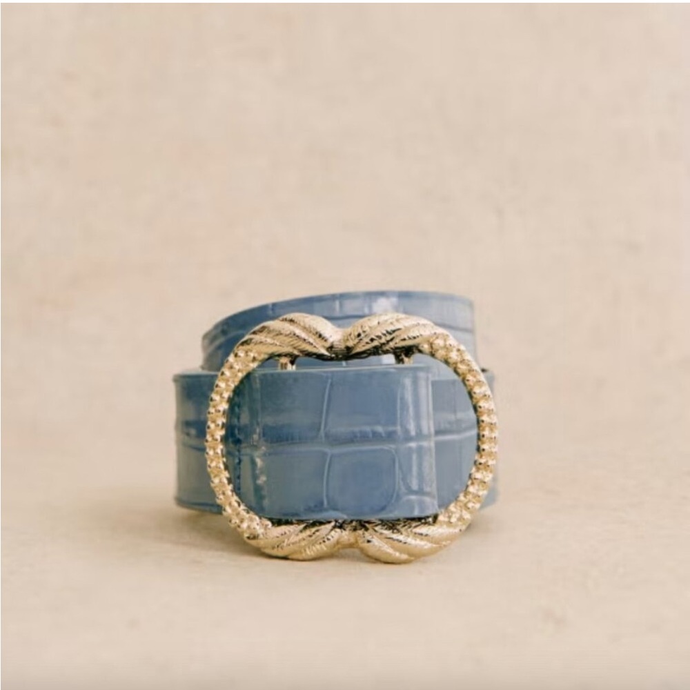 Sezane Blue Croc-Embossed Leather Belt with Gold Twisted Buckle